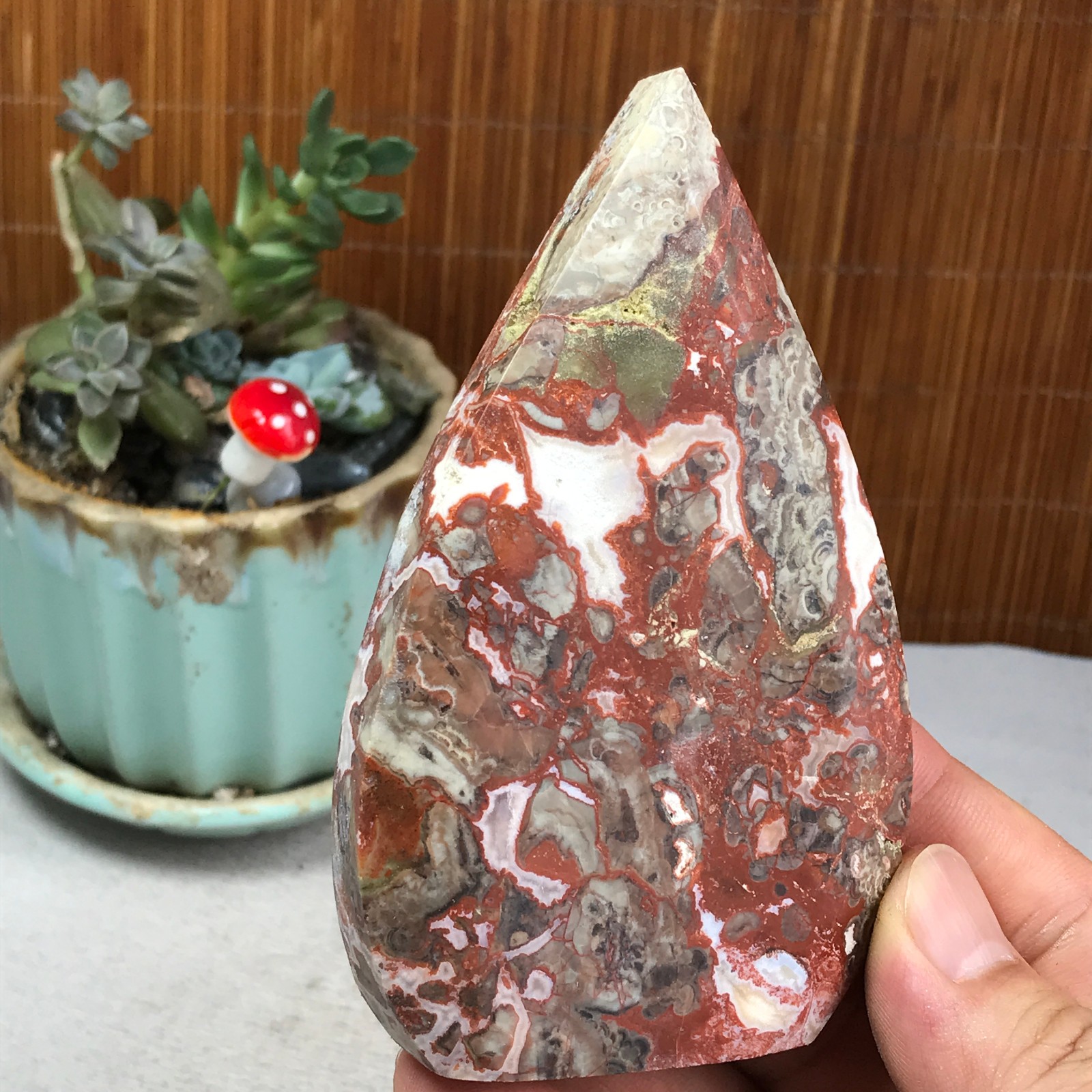 Natural money Mexico agate hand carve leaf Crystal Specimen free standing A6255