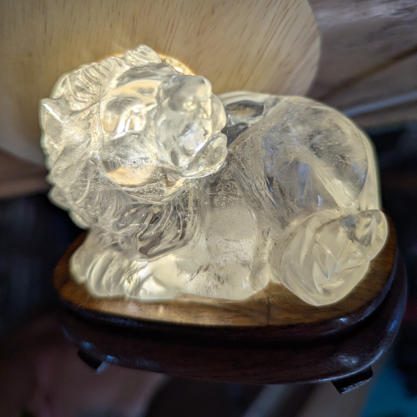 Clear quartz CRYSTAL carved LION with Cherry Wood stand Natural Mineral specimen