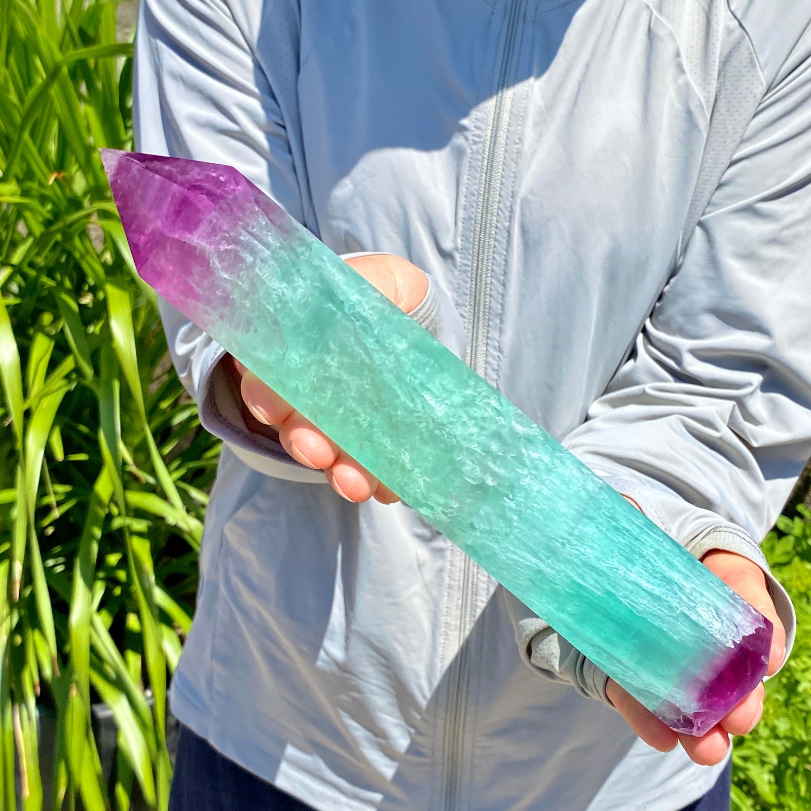 2.16LB Natural Rainbow Fluorite Obelisk Quartz Crystal Wand Tower Point Healing