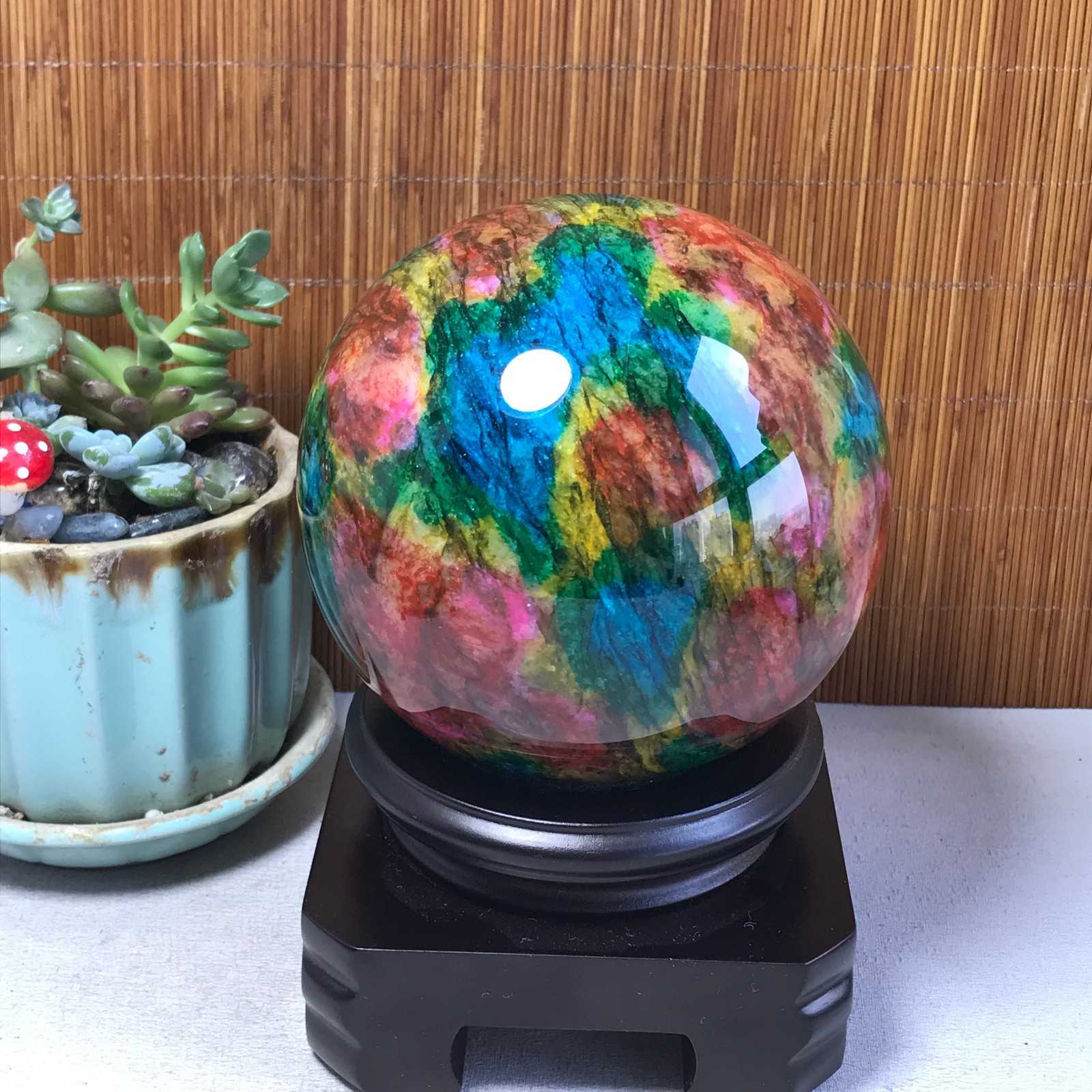 Natural “Seven Colors Jade” sphere Ball -Taiwan China 1.85kg Base Random A5802