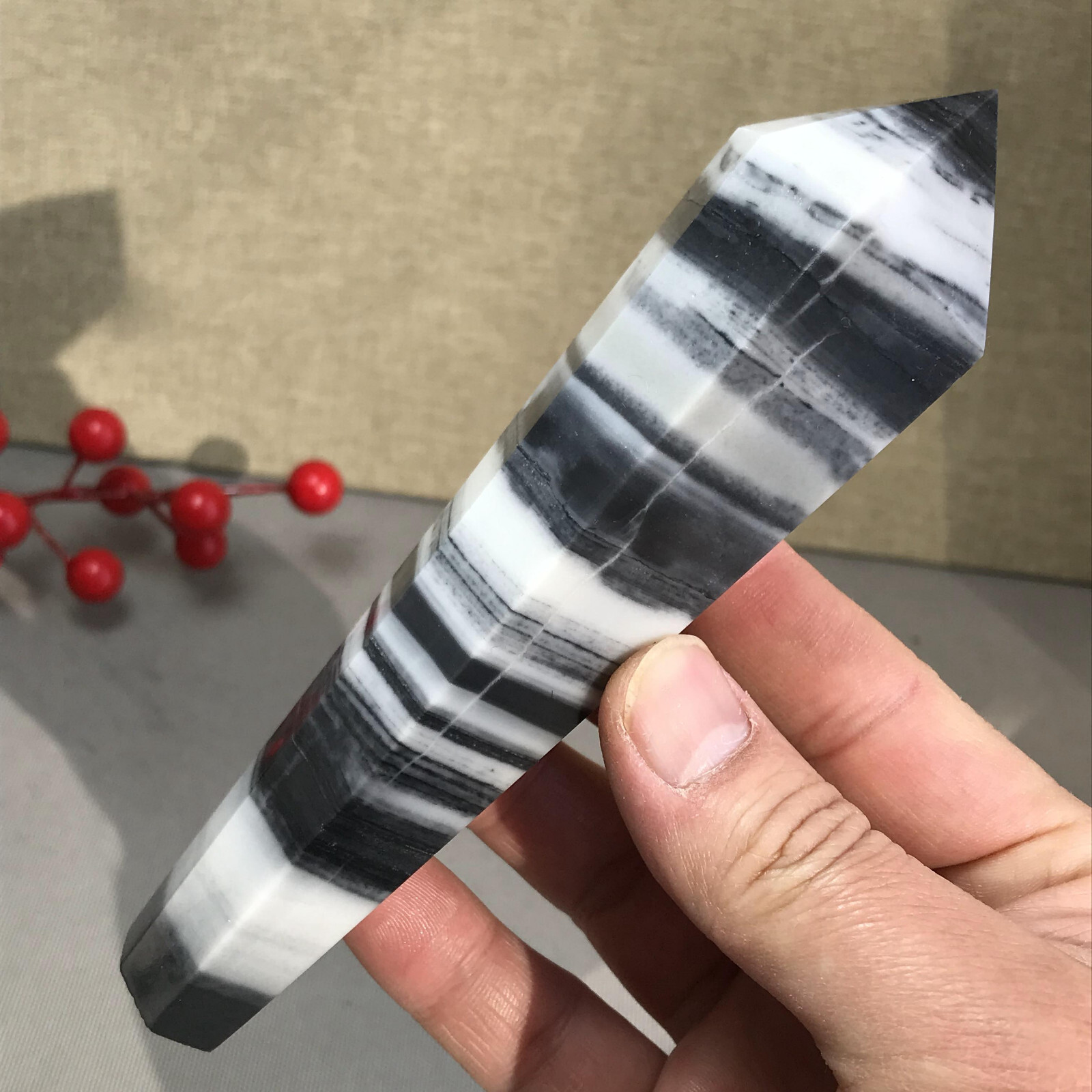 151mm Long Natural Taiji Stone stripe wand Obelisk Crystal specimens 255g A5779