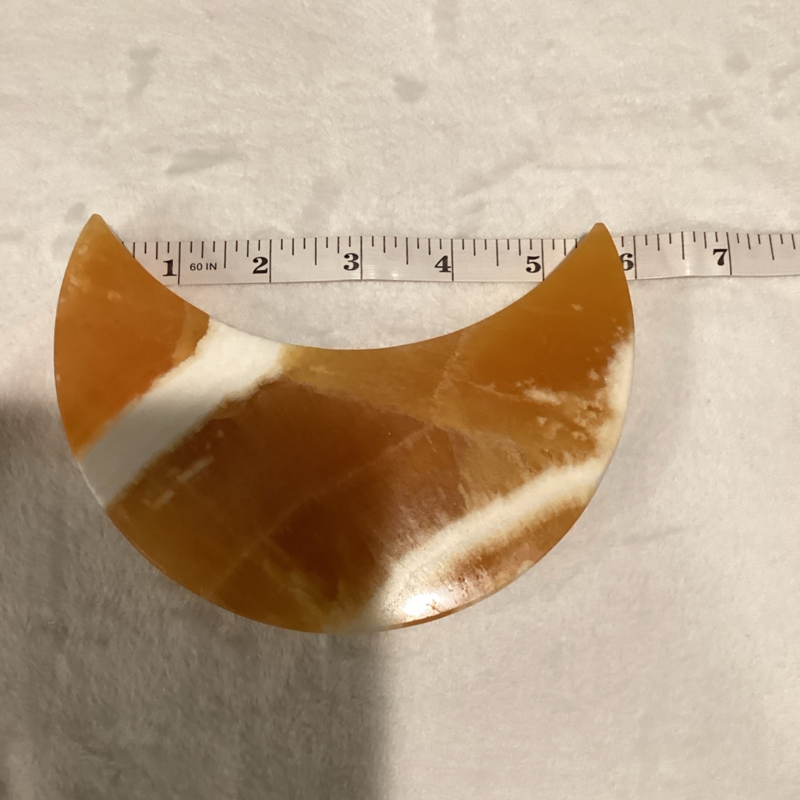 Polished Orange White Calcite Crescent Moon Crystal Specimen on Stand 6in 15 oz