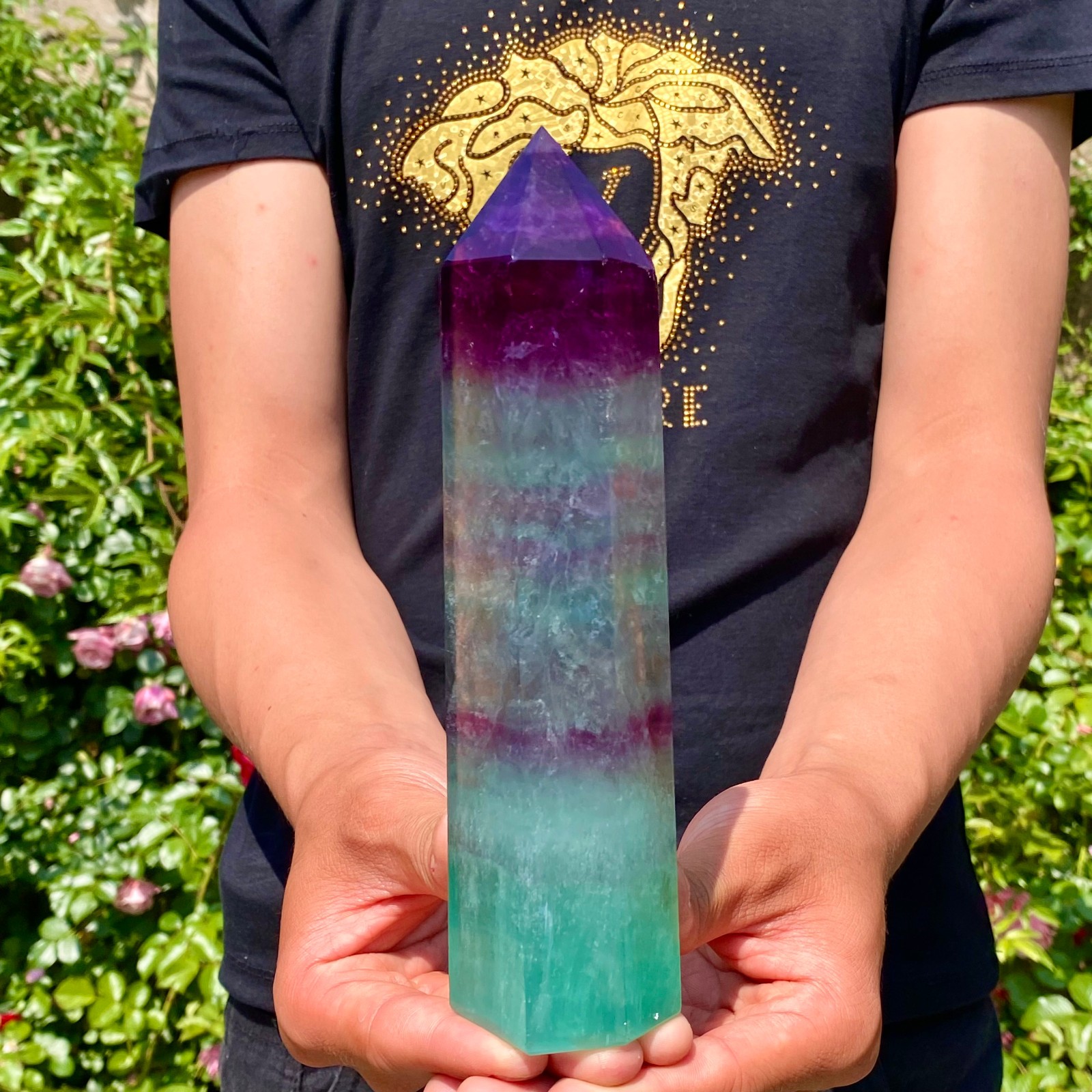 1.8LB Natural rainbow fluorite obelisk quartz crystal wand point Gem Healing
