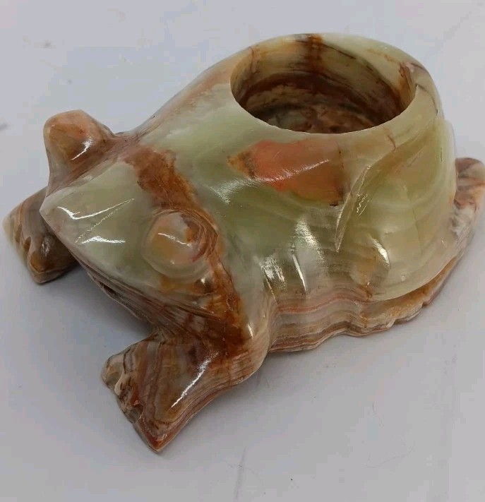 Green Banded Onyx Sphere With Matching Carved Frog Stand From Pakistan