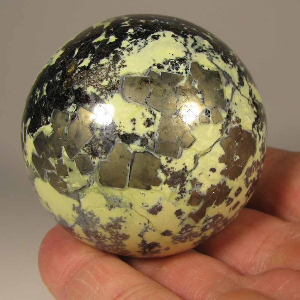 2.2″ SERPENTINE w/ PYRITE Polished Crystal Sphere Ball w/ Stand – Peru – 57mm