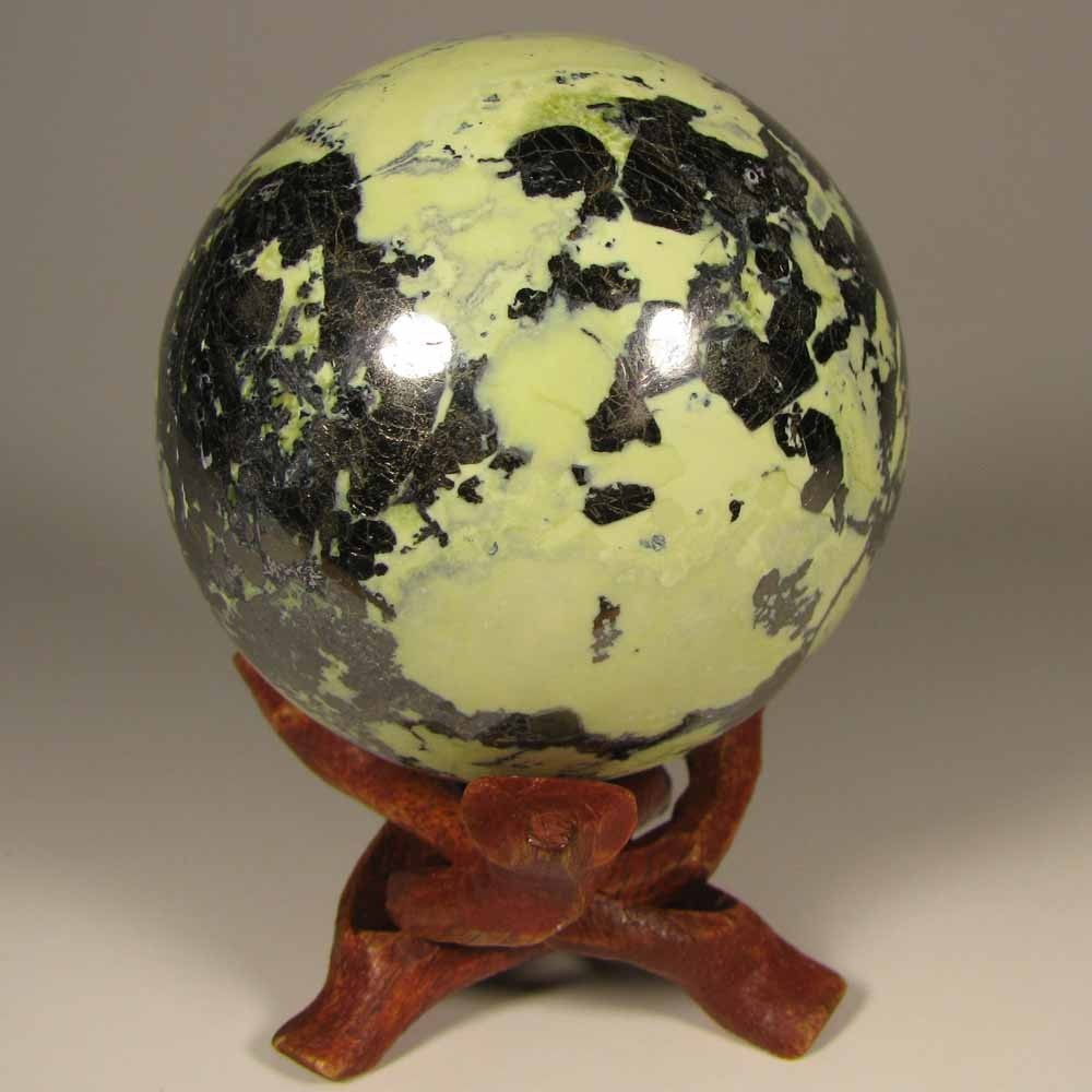 2.2″ SERPENTINE w/ PYRITE Polished Crystal Sphere Ball w/ Stand – Peru – 57mm