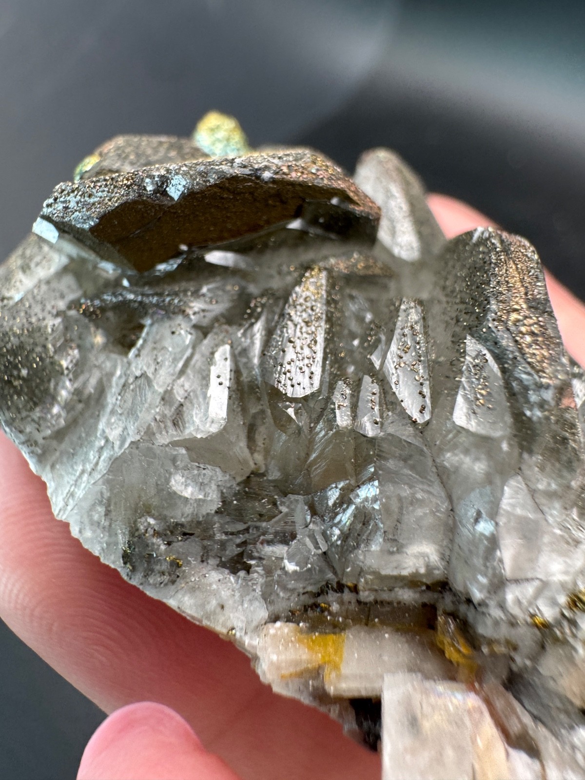 6703 Rainbow Chalcopyrite on Gray Benz Calcite Fu Jian 55g
