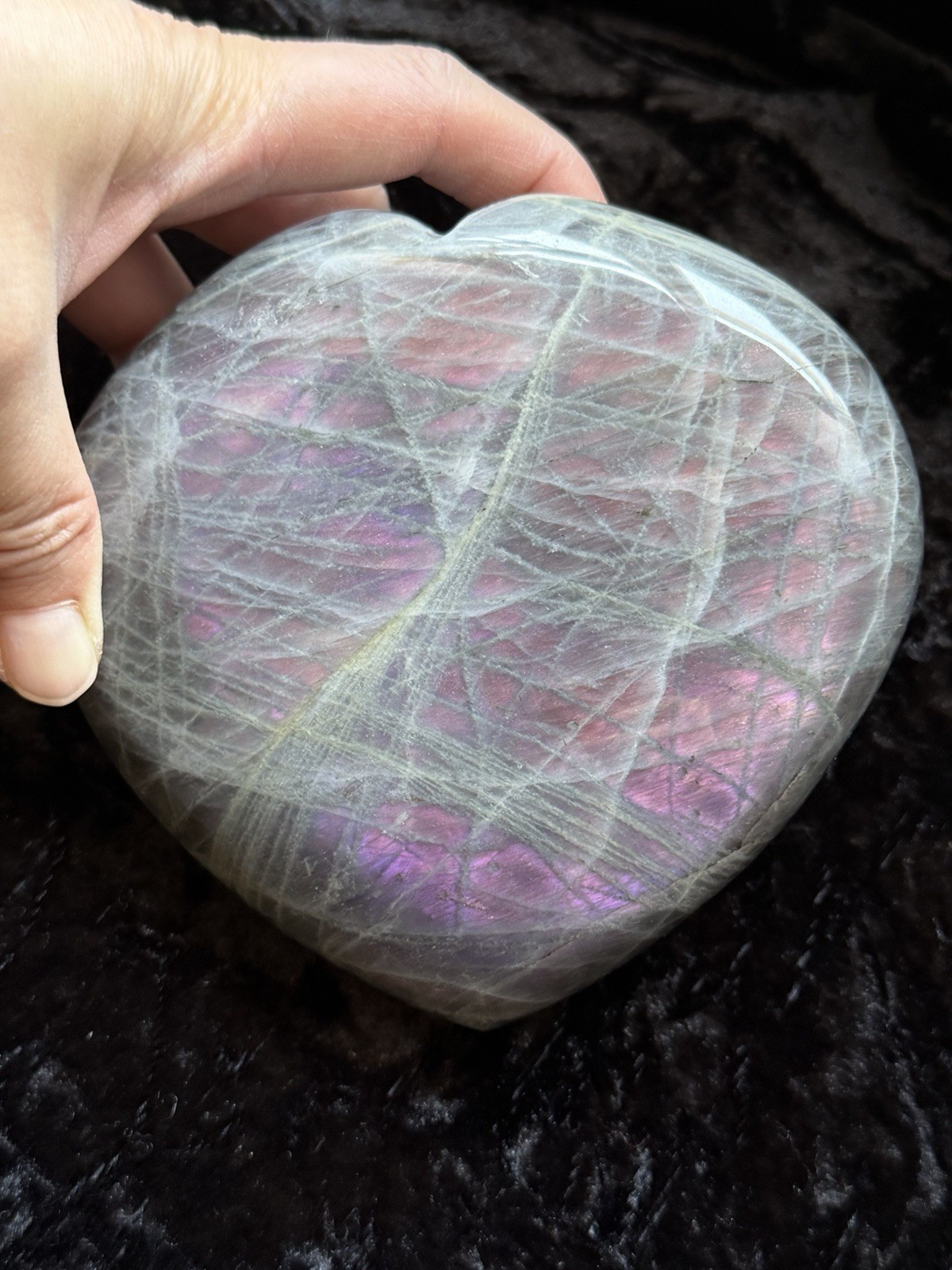 5.15” Large Purple Pink Orange Flash Labradorite Crystal Heart 1100 Grams