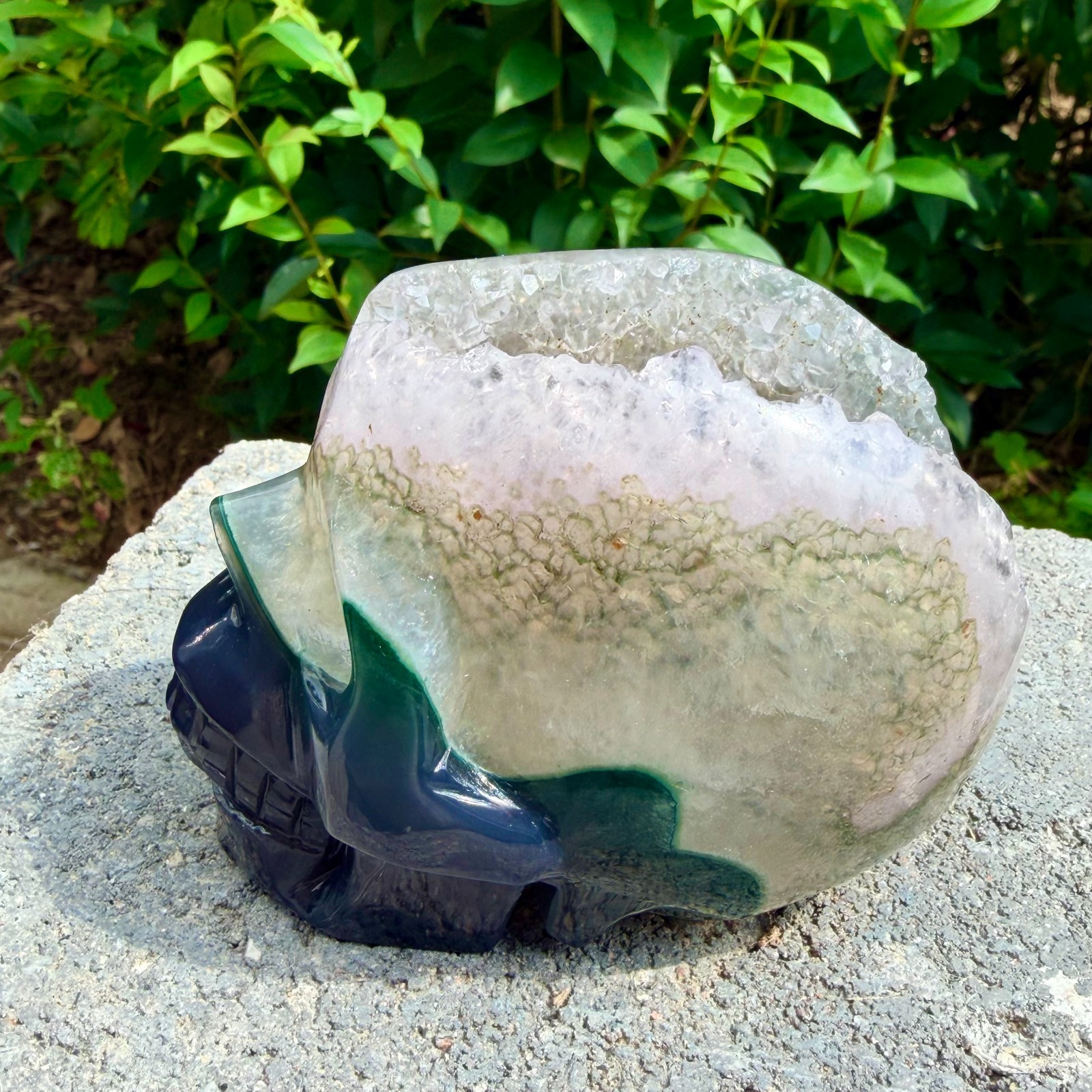1.53lb Amethyst agate crystal cave skull, Rare hand carved skull specimen