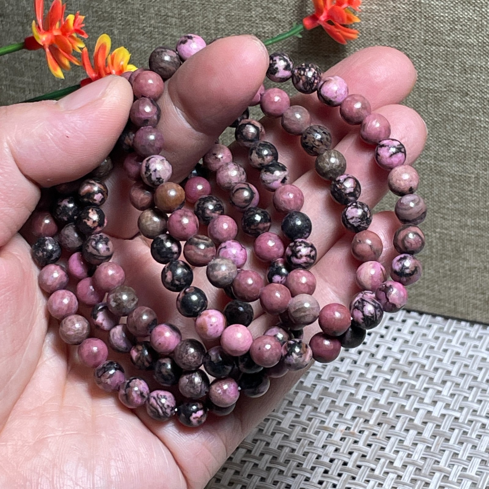 Wholesale 1Pcs 6mm Rhodonite jasper stone ball beads 6mm 7.5”crystal Stretch Bra