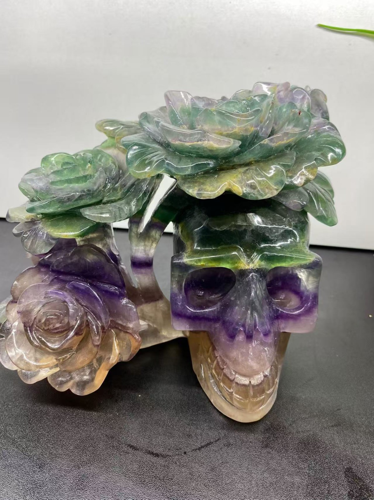 8.6LB Natural Color Fluorite Quartz Carved Flower Skull Crystal Reiki Decor Gift
