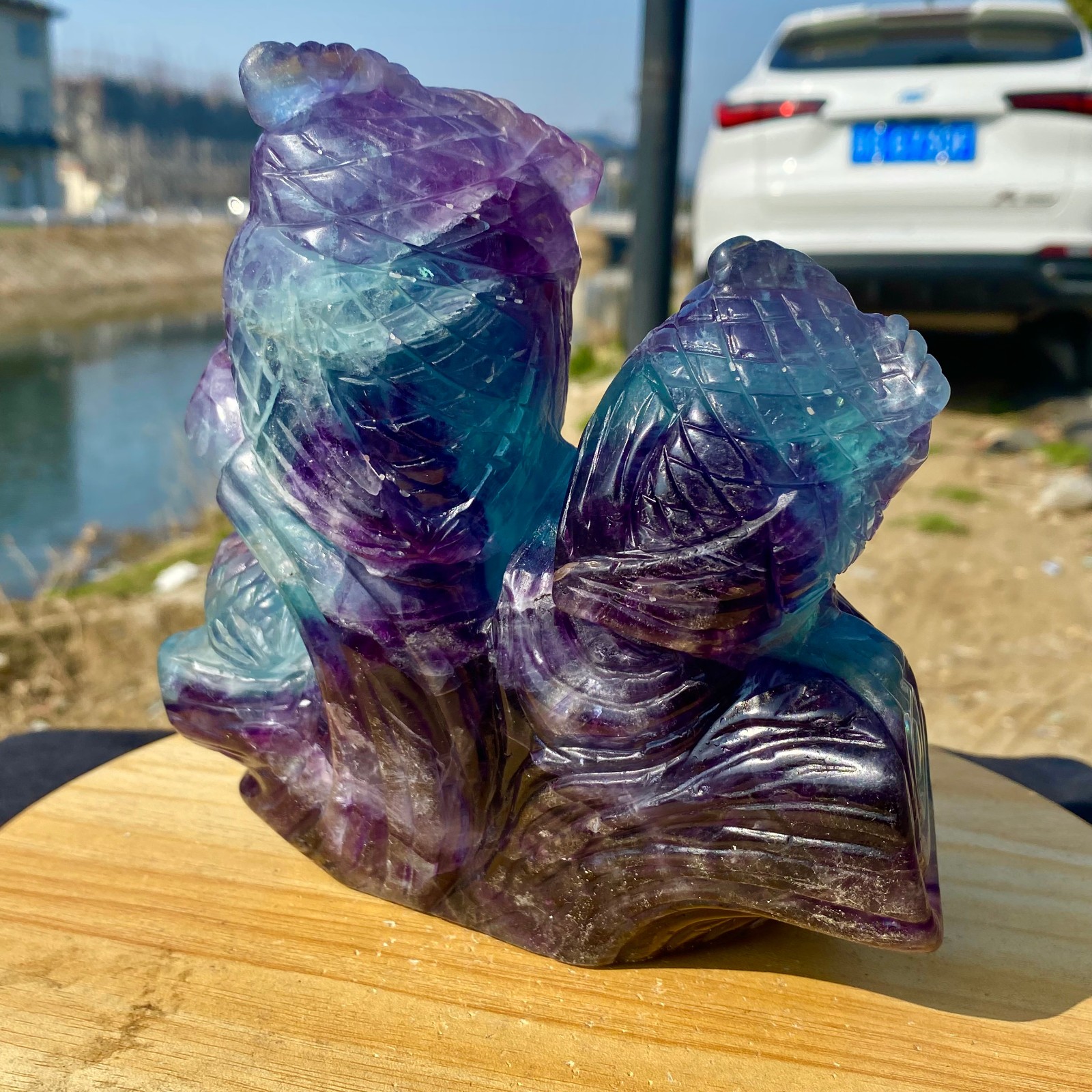 5.62LB Natural Fluorite Quartz Owl Sculpture Hand Carved Crystal Reiki Energy
