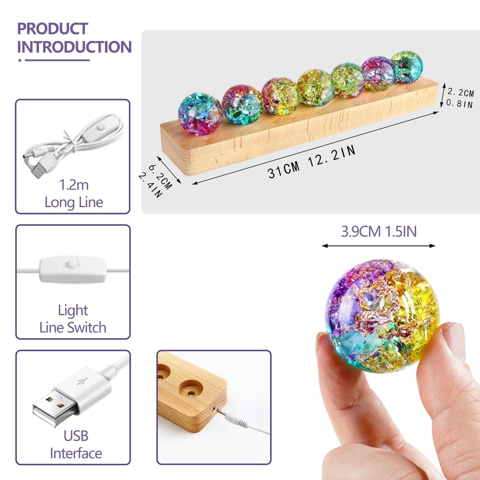 Colorful Healing Spheres 7pcs with LED Wooden Stand – Meditation Decoration