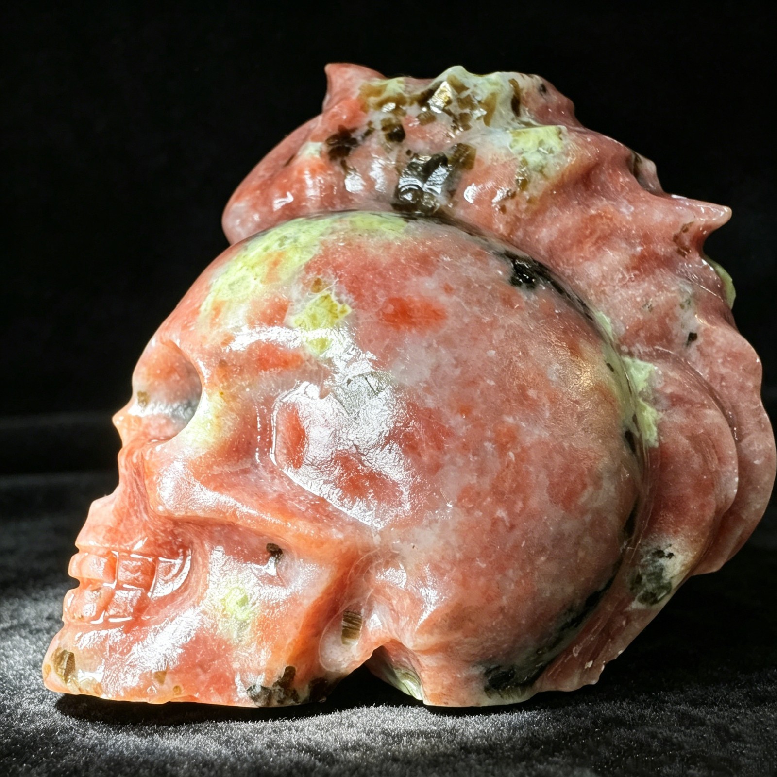 Natural Peach Blossom Tourmaline Skull Carving Figurine Gothic Decor Desk Orname