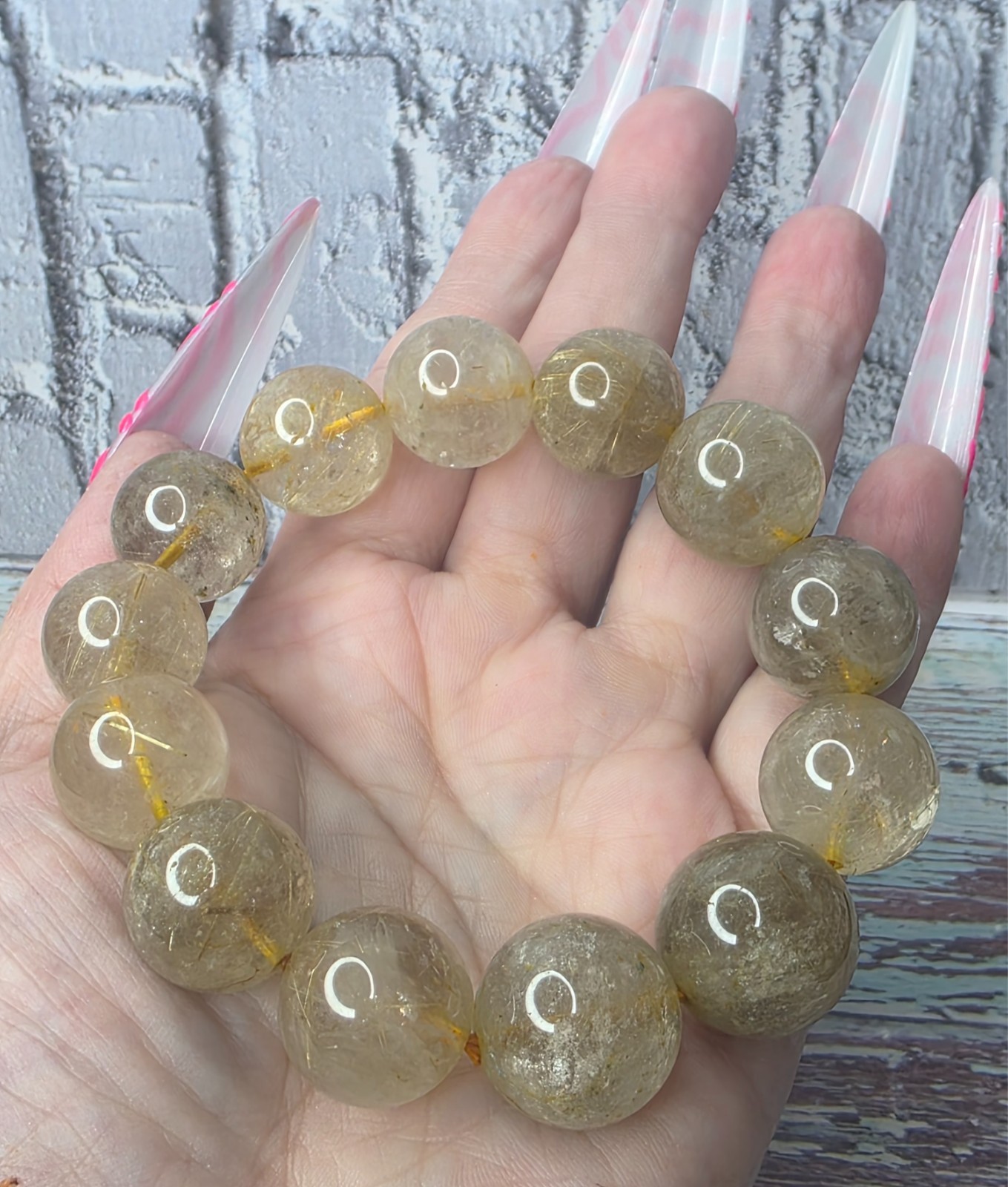 Natural Golden Rutile Quartz Bracelet 17mm Round Beads Stretch Crystal 104g