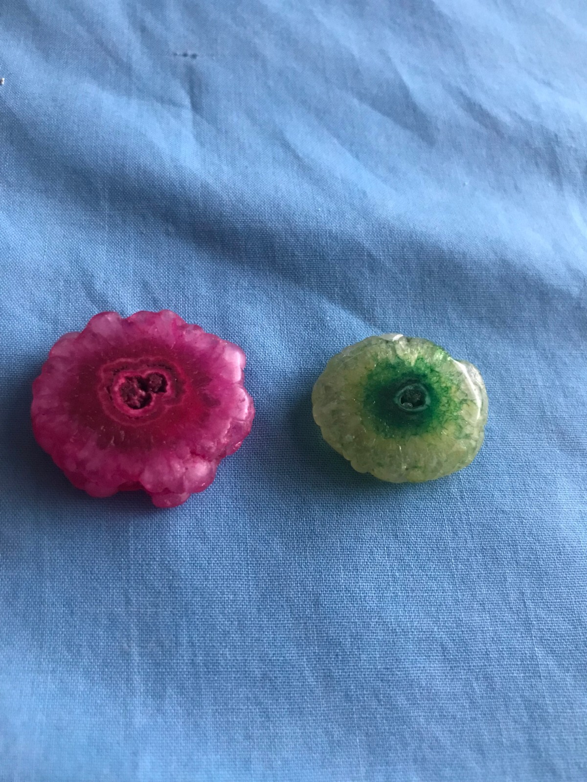 2 New 1 Pink & 1 Green Cut, Dyed & Polished Crystal Stone Stalactites