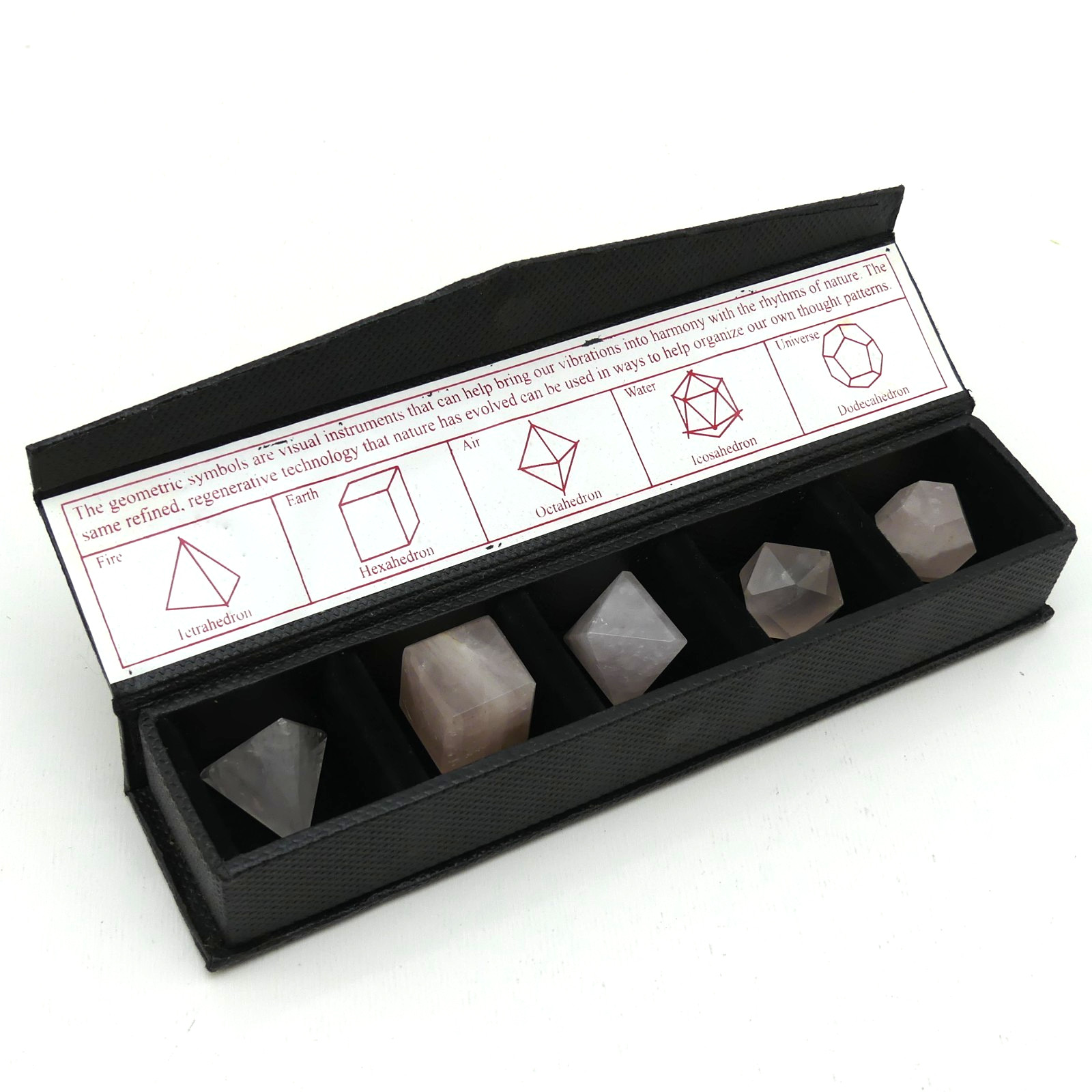 5pc Rose Quartz Sacred Geometry Crystal Set Healing Stones w/ Display Box