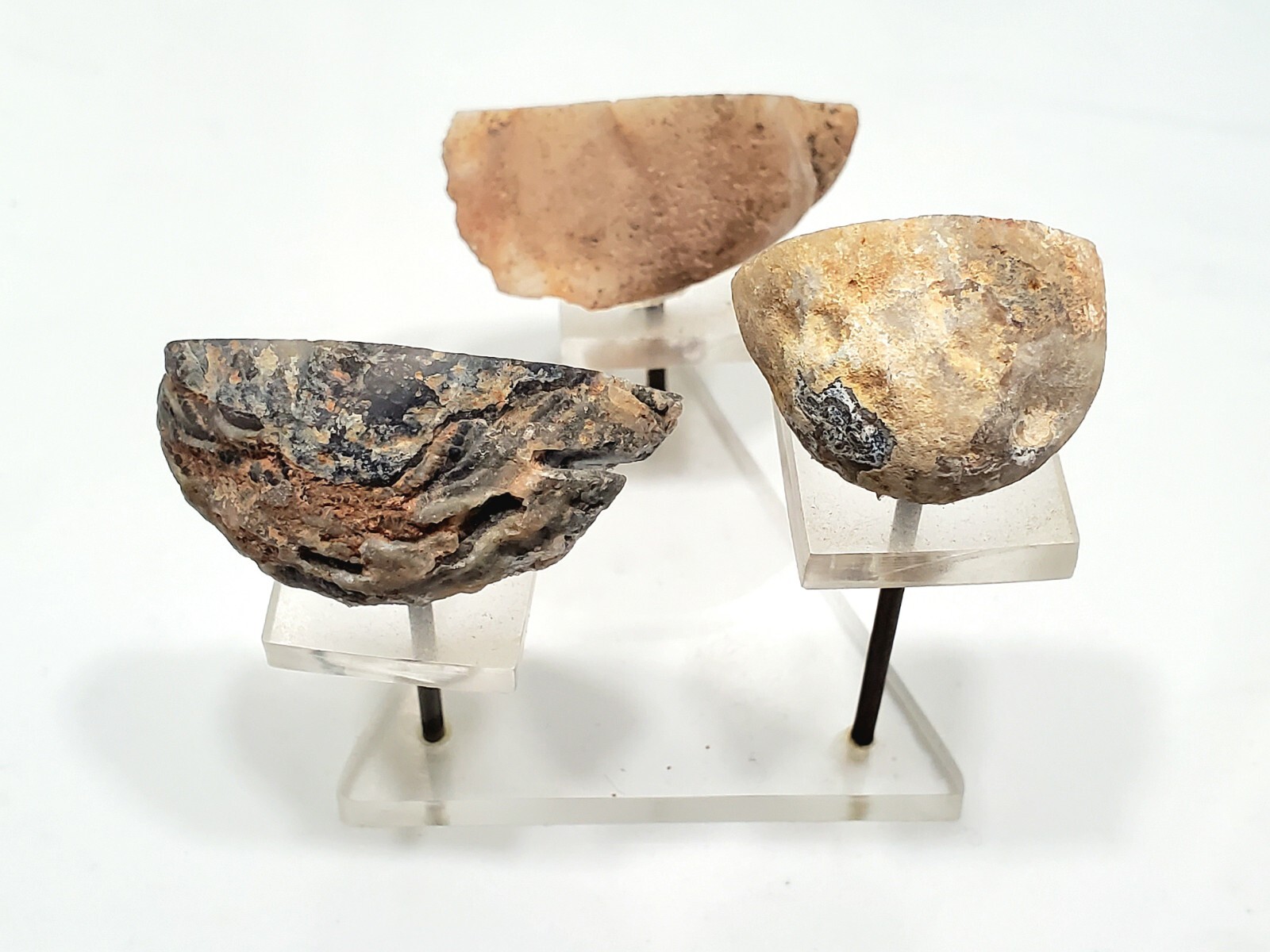 Set of 3 Natural Agate Geodes Displayed & set on a Triangular Lucite Stand