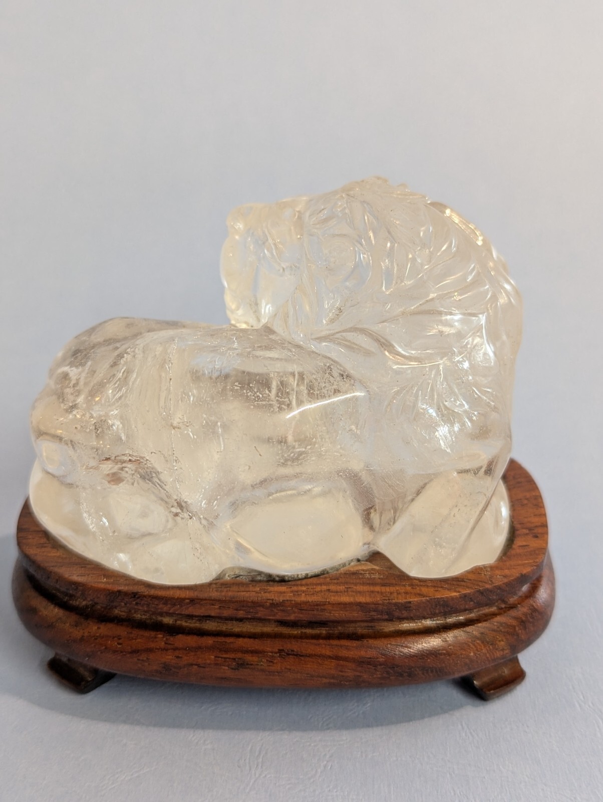 Clear quartz CRYSTAL carved LION with Cherry Wood stand Natural Mineral specimen