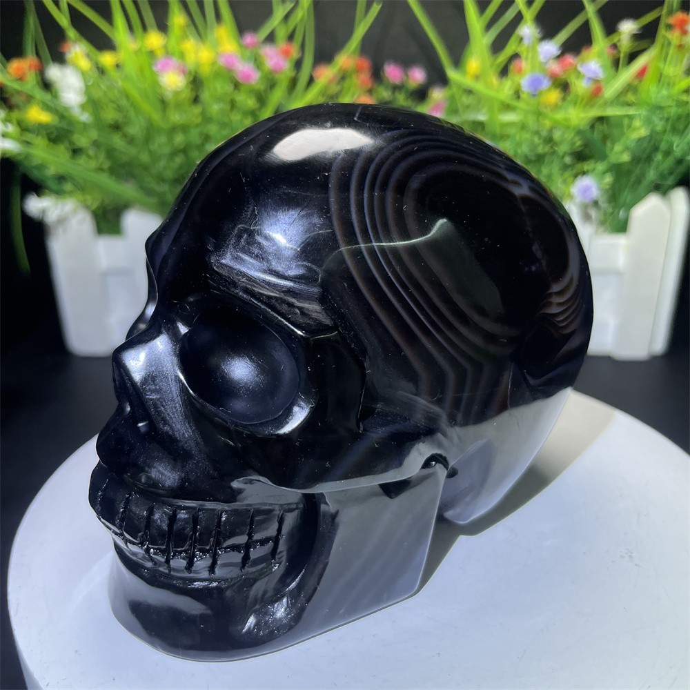 2.2LB 3.9″ Natural Black Sardonyx Agate Skull Carving Crystal Quartz Home Decor