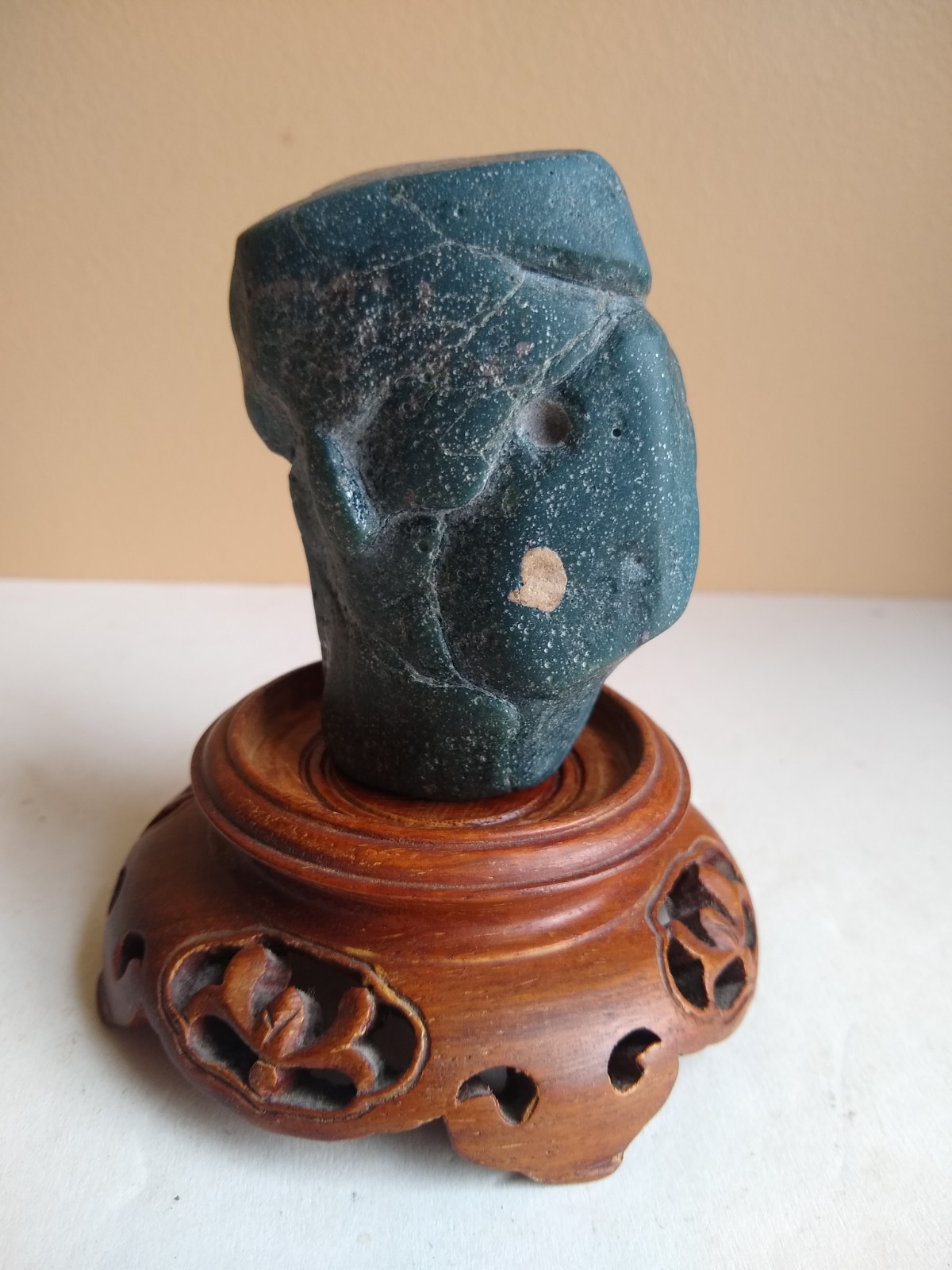 Large Michigan Leland Slag Glass Blue Scholar Stone w/ Base. Exceptional & Rare.