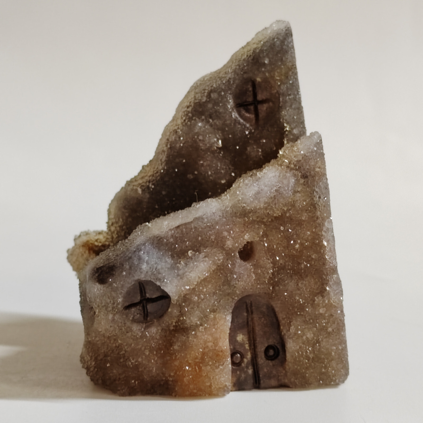 Natural crystal clusters, quartz mineral specimens, handmade carvings, house