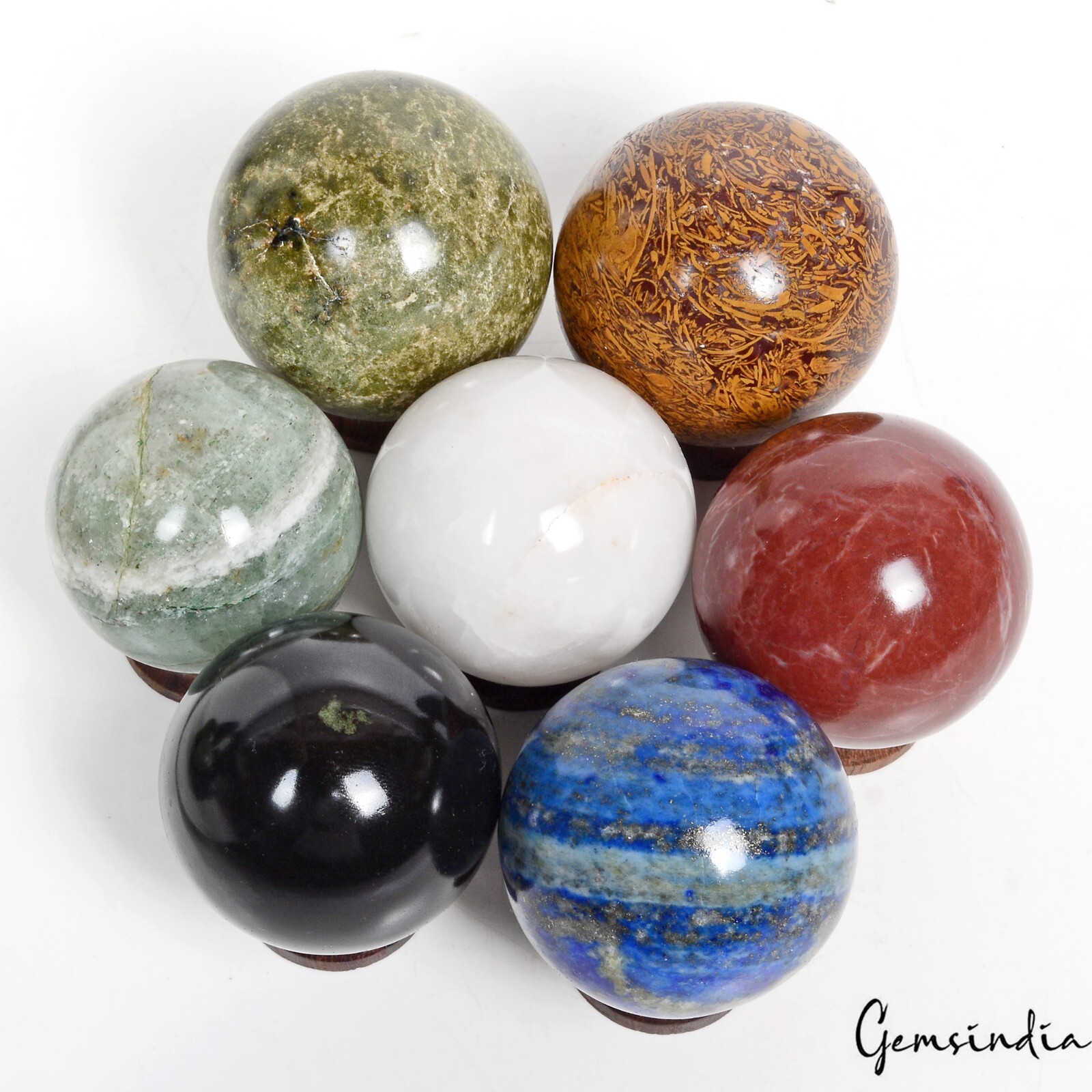 4880 Ct 7 Pcs Set Of Multigems Crystal Sphere Ball Polished Healing w/ Stand