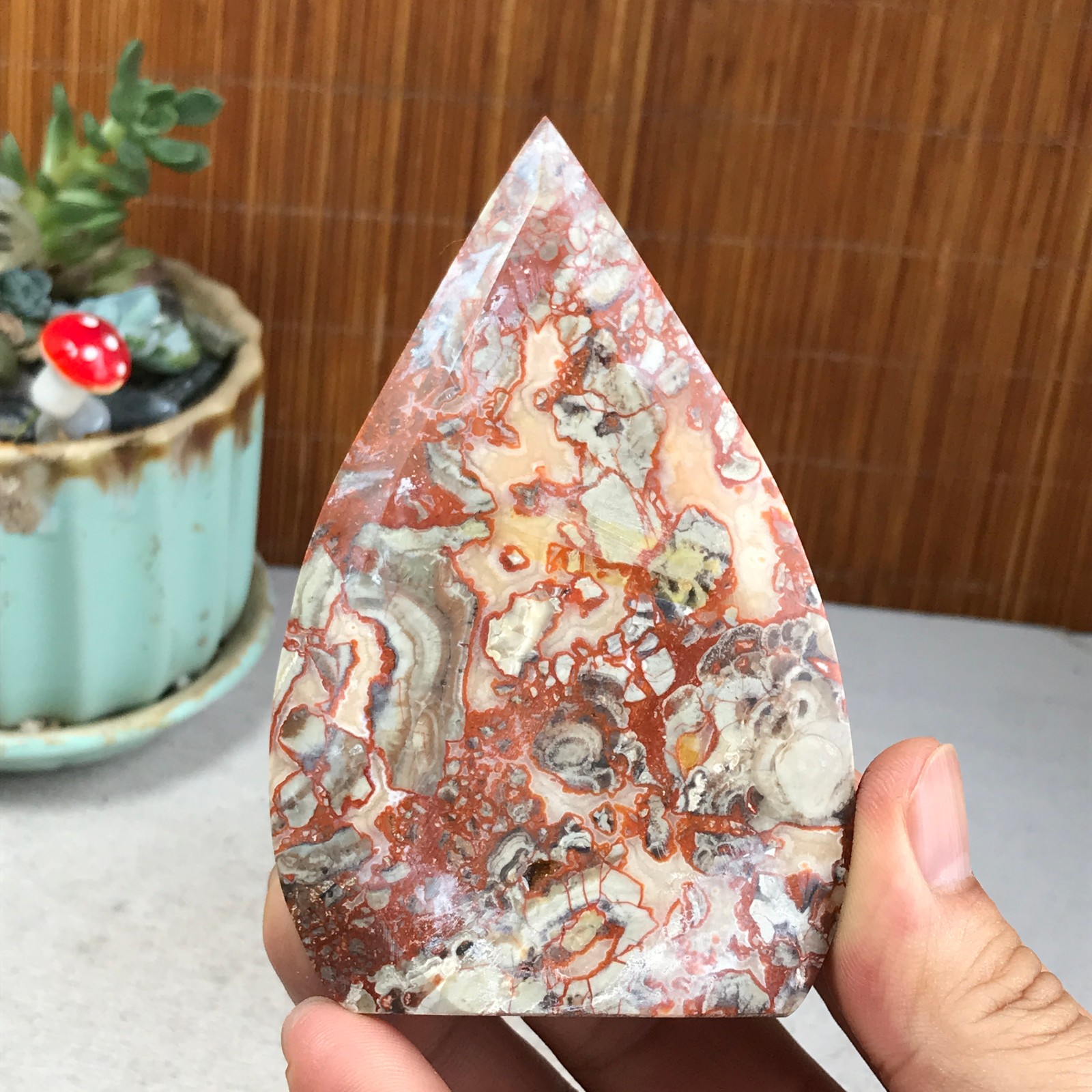 Natural money Mexico agate hand carve leaf Crystal Specimen free standing A6275