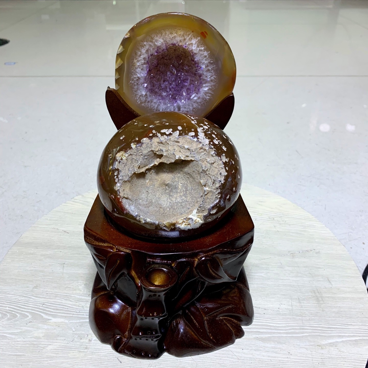 Agate Amethyst Crystal Geode Treasure Bowl with Wood Stand Healing Decor