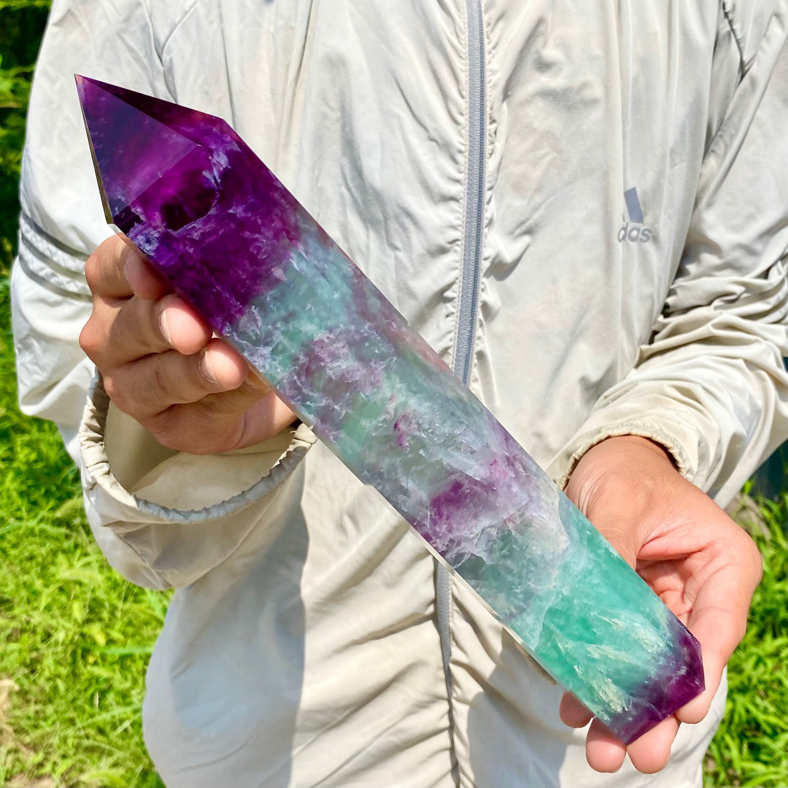 2.62LB Natural Rainbow Fluorite Obelisk Quartz Crystal Wand Tower Point Healing