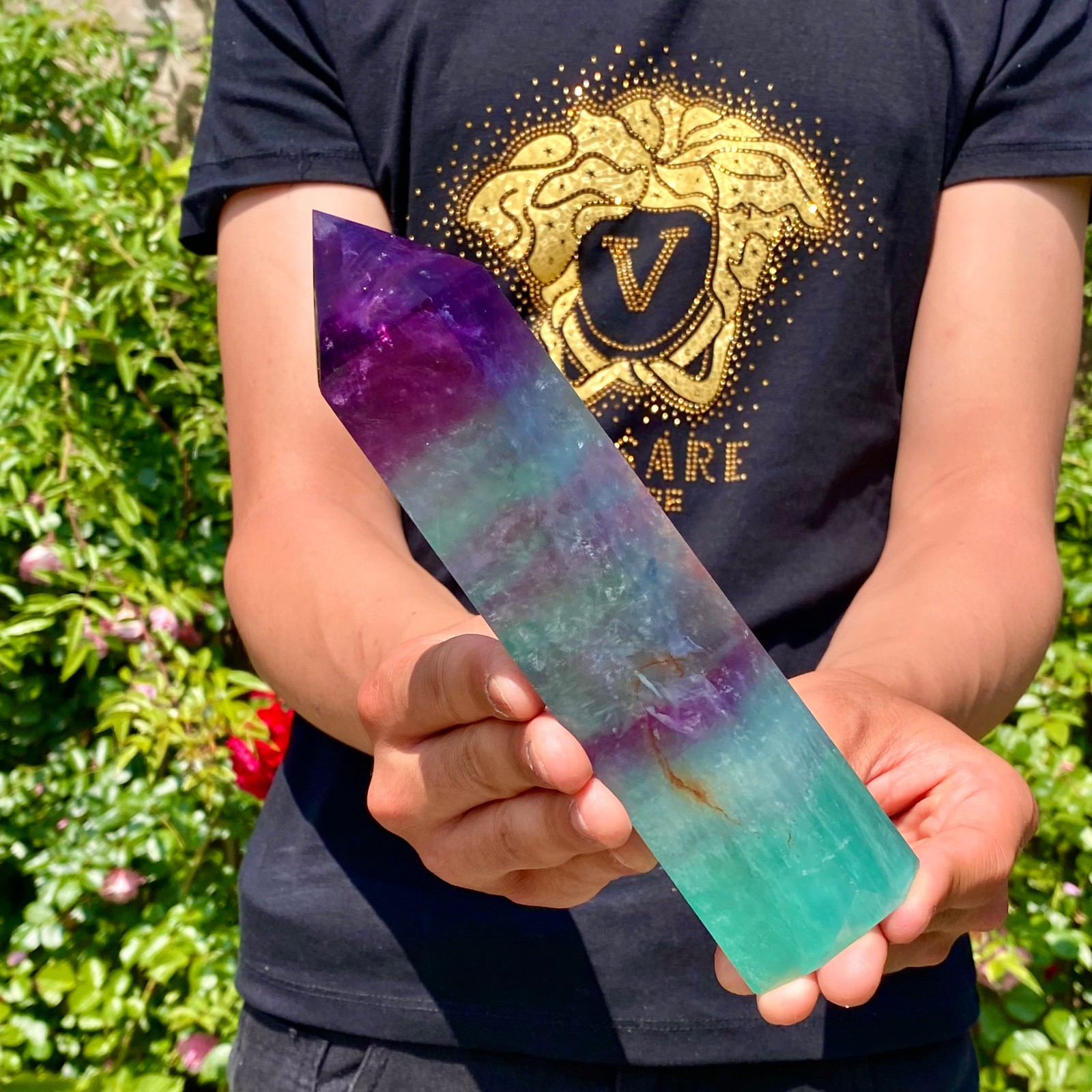 1.8LB Natural rainbow fluorite obelisk quartz crystal wand point Gem Healing