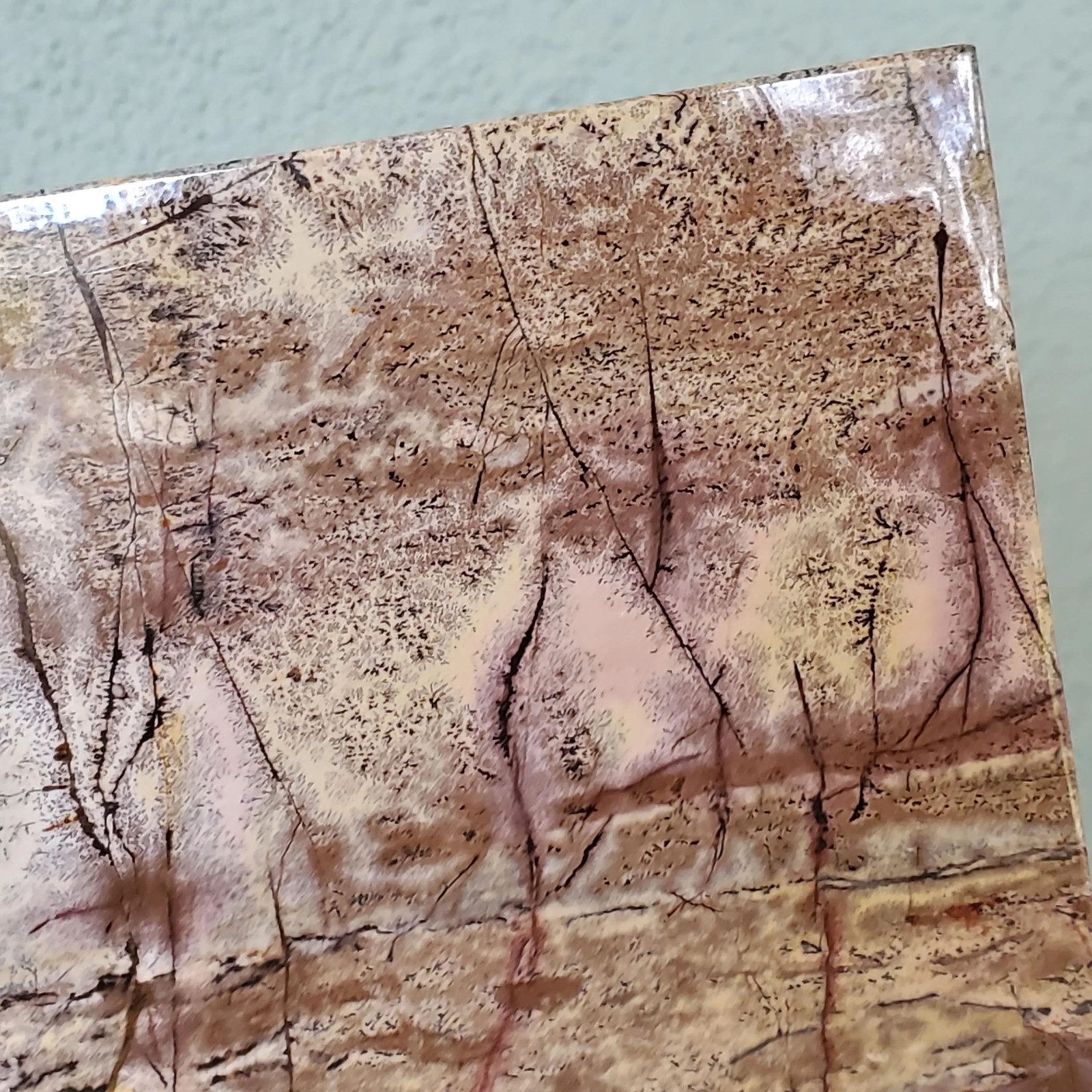 Picture Jasper Dendritic Display Crystal Statement Slab with Wood Stand 874 gram