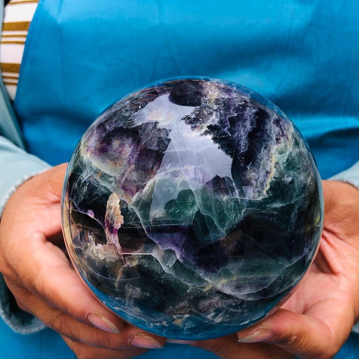 3.74LB Natural Crystal Rainbow Fluorite Sphere Display Ball Reiki Healing