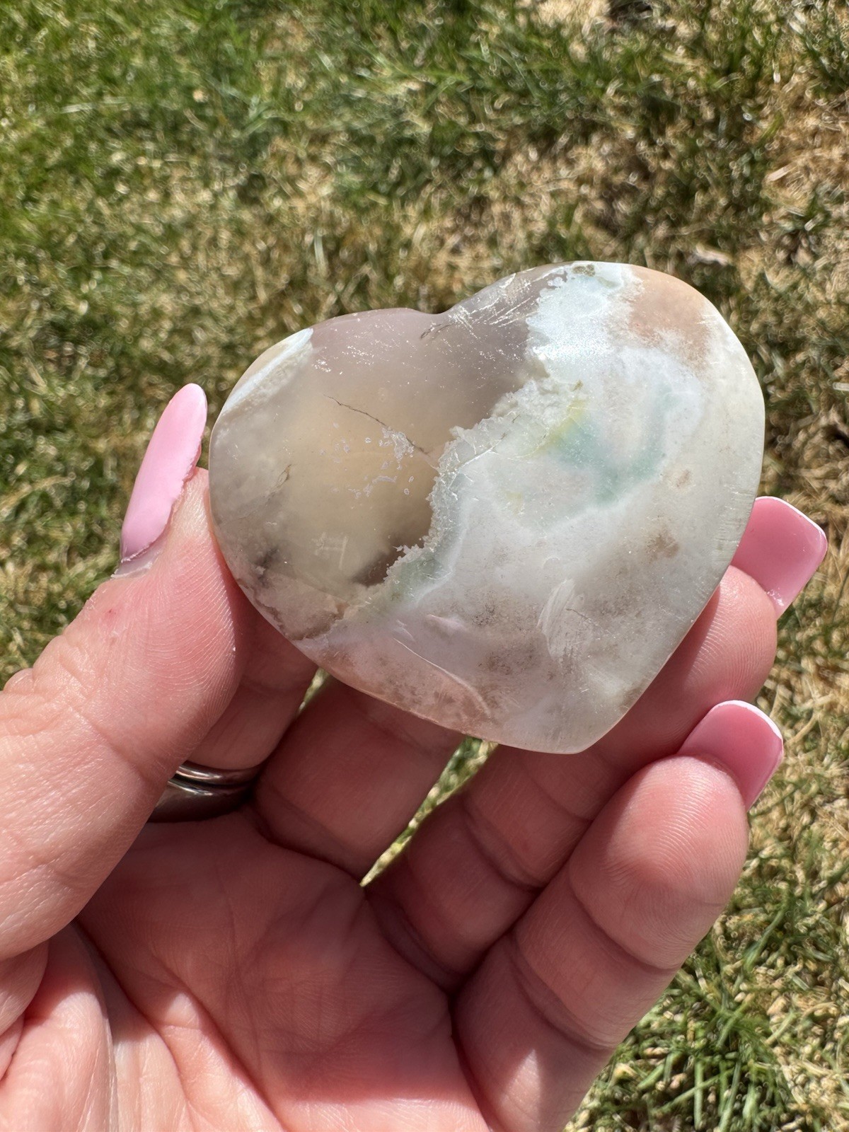 Green Flower Agate Crystal Heart 1 7/8”