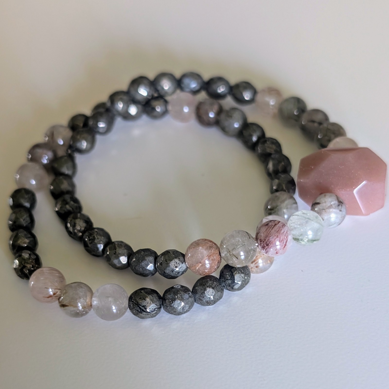 Sunstone Bracelet Size 6.25 Mixed Rutile & Pyrite 6mm Beads Matching Set of 2