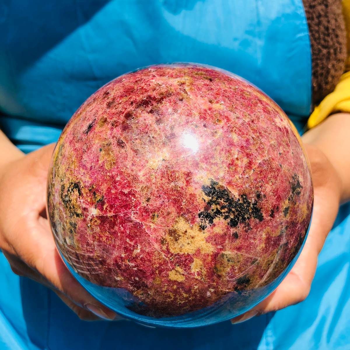7.04LB Natural Rhodonite Crystal Sphere Pink Black Healing Gem Stone 4799