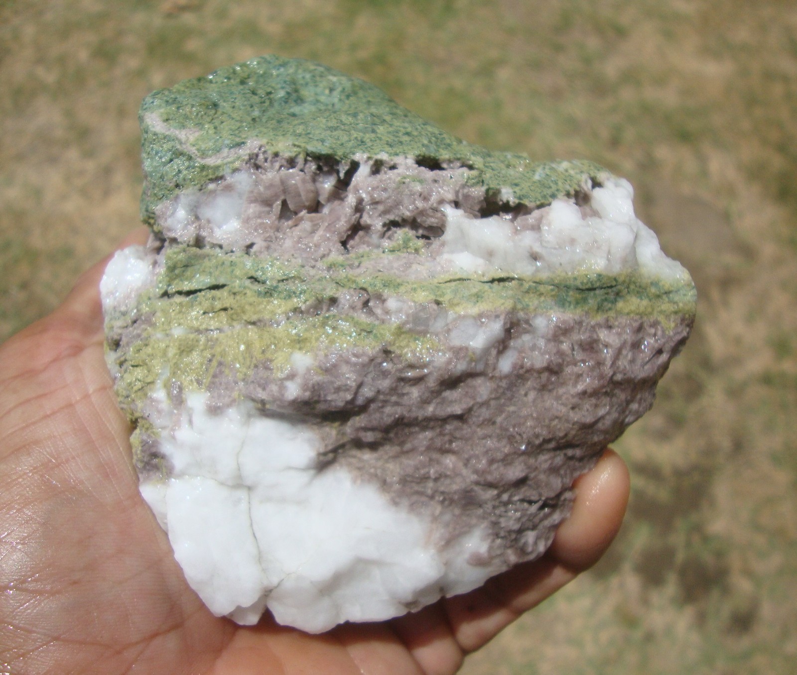 Light purple Axinite, green Epidote, and white Quartz, Stanislaus Co., CA