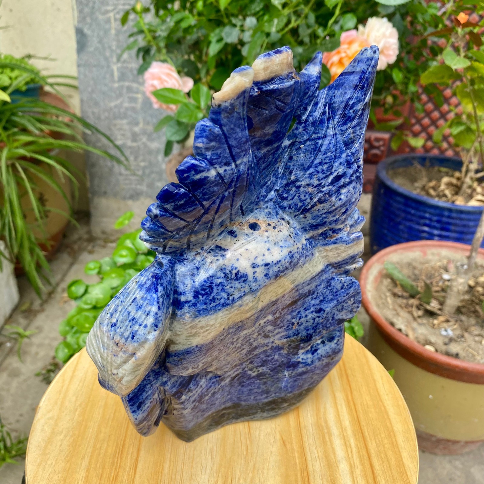 7.05LB Natural Blue Vein Stone Phoenix Carving, Home Decoration