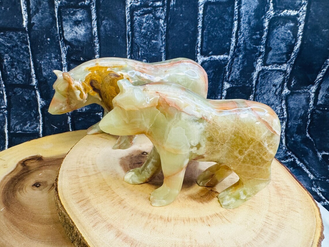 Green Onyx Bear Figurine, Crystal Animal Standing Statuette 6 inch Sacred Animal
