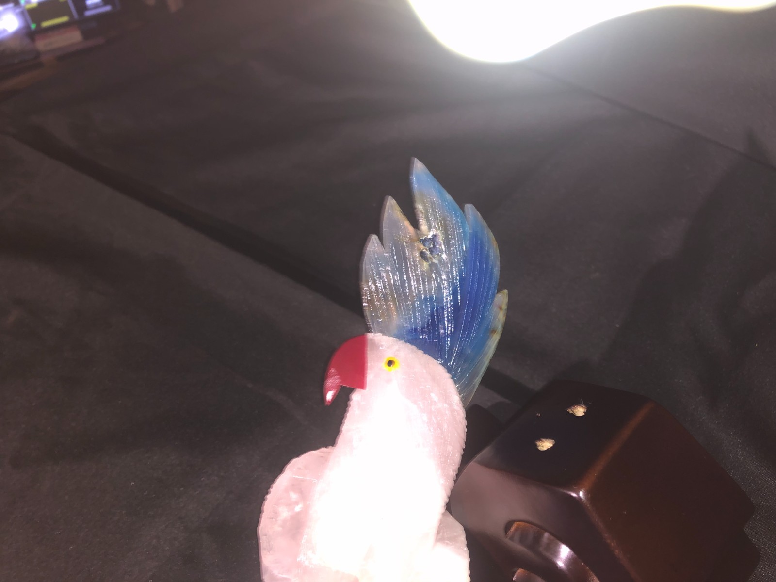 BEAUTIFUL PINK AND BLUE QUARTZ BIRD WITH WOODEN DESIGNED STAND ( NO-RESERVE )