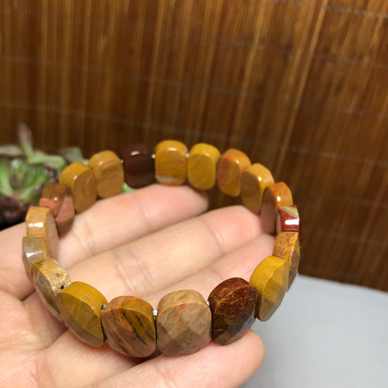 Natural Colored egg yolk Gemstone Bracelet Brown Stretch Bracelet Handmade A4067
