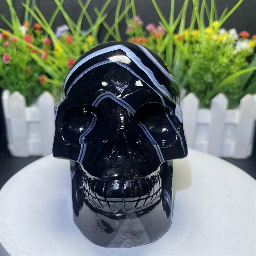 2.3LB 4.5″ Natural A++ Black Sardonyx Agate Skull Crystal Quartz Decor Gift