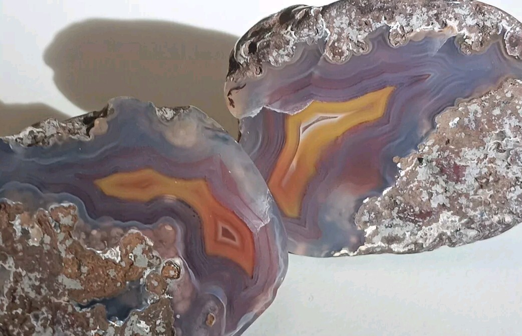2 Matching Condor Agate Nodule Halves Glass Polish Blue/Grey Red Yellow Bands A+