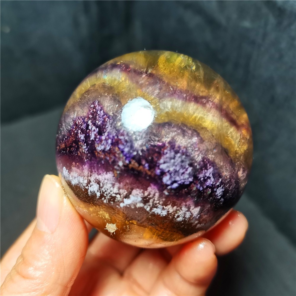 TOP 368g 60mm Natural Colorful Super Seven Fluorite Sphere Ball Healing WD2119