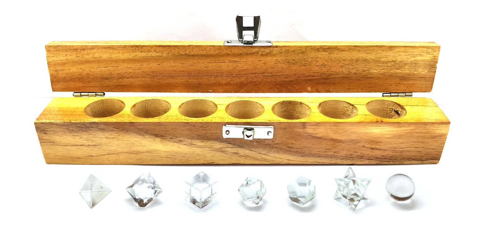 Crystal Quartz Geometry 7 Pcs Platonic Solid Set In Wooden Box Healing Crystals