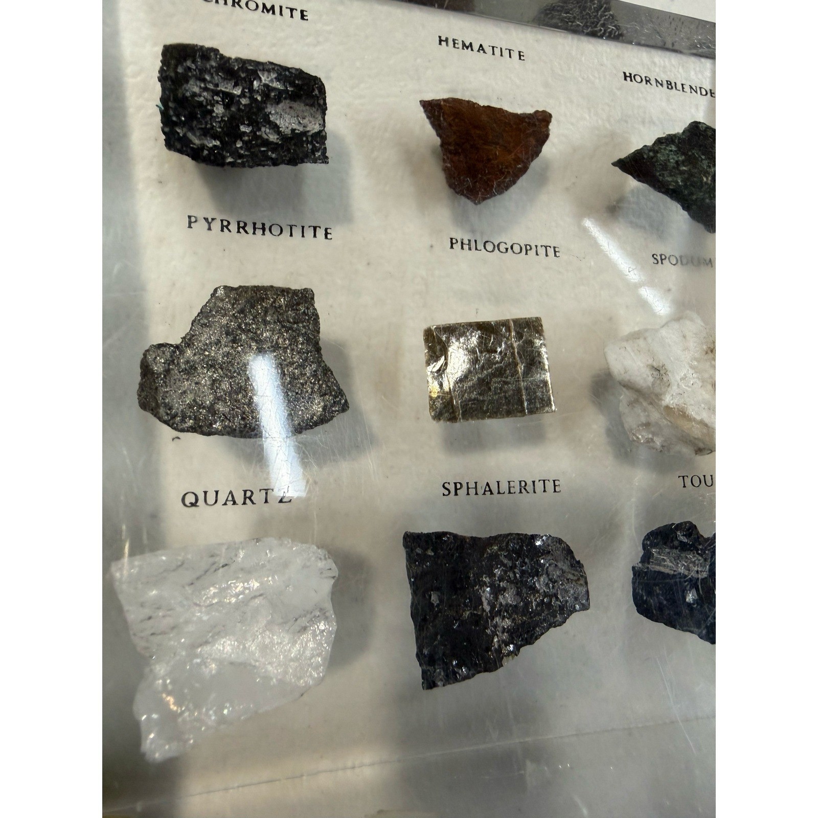 Vintage Lucite Mineral Specimen Paperweight 9 Rocks Quartz Hematite Collection
