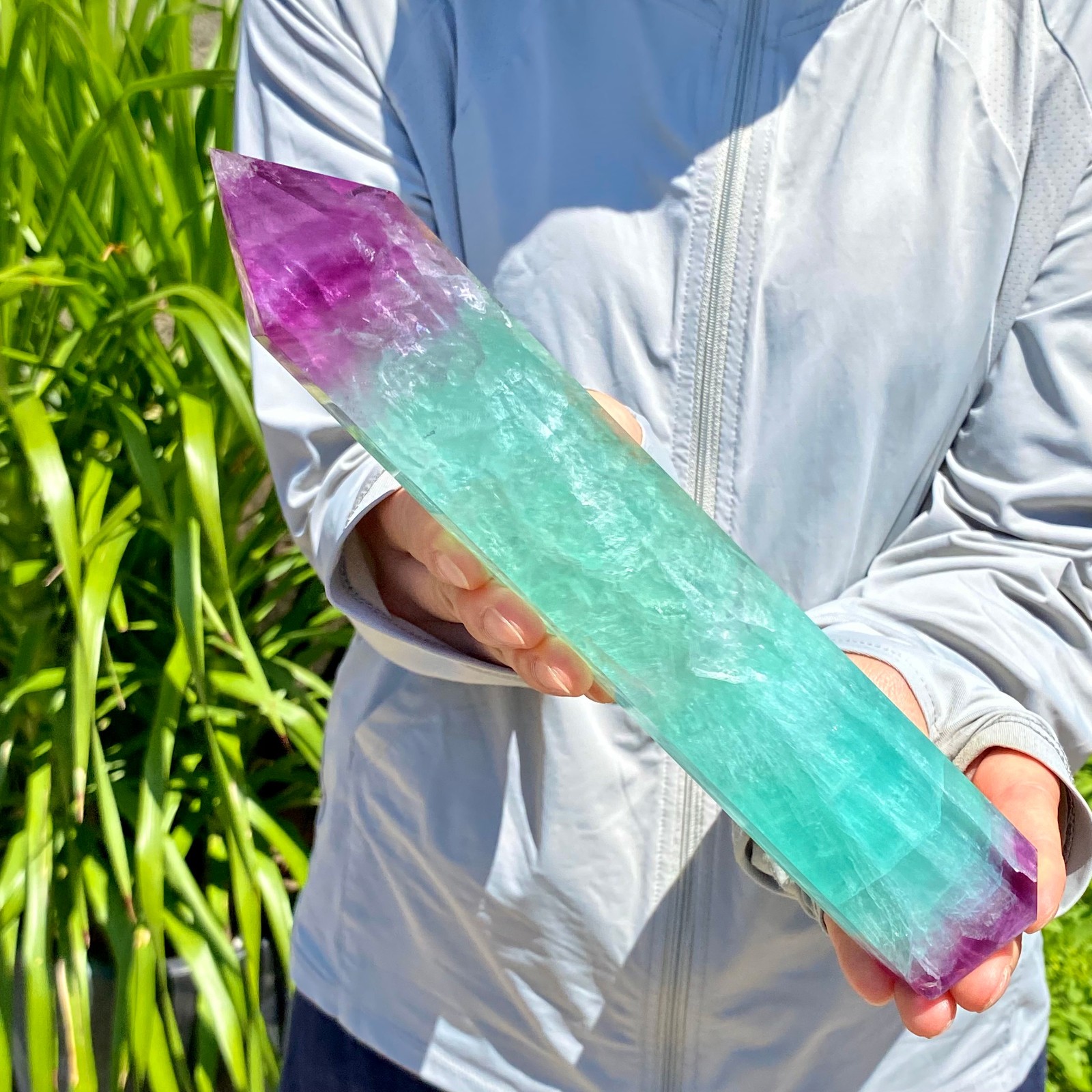 2.16LB Natural Rainbow Fluorite Obelisk Quartz Crystal Wand Tower Point Healing