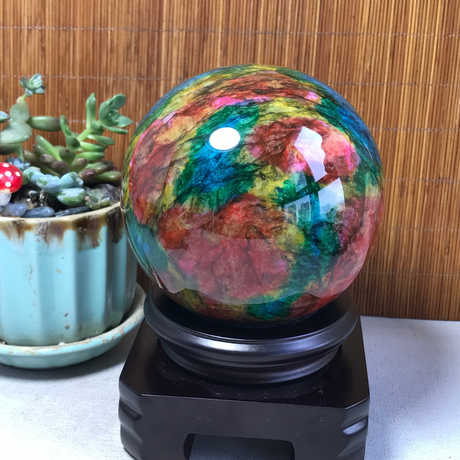 Natural “Seven Colors Jade” sphere Ball -Taiwan China 1.85kg Base Random A5802