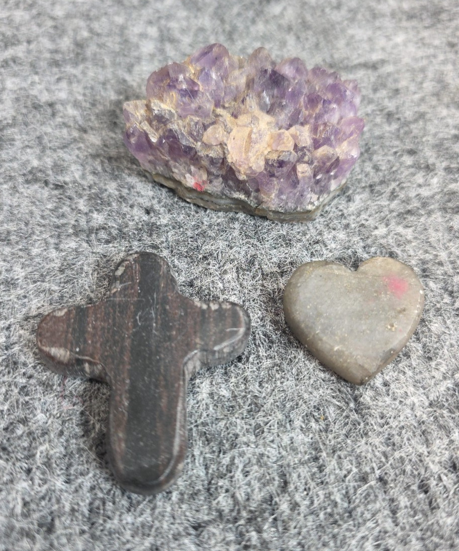 Amethyst Crystal Cluster Lot w Obsidian Cross & Gray Heart Carved Stones