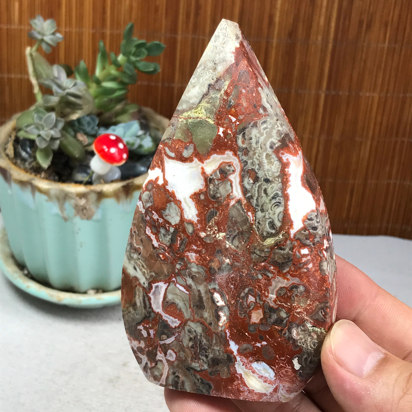 Natural money Mexico agate hand carve leaf Crystal Specimen free standing A6255